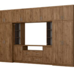 Moderni sieninė spintelė su erdviomis spintomis ir televizoriaus spintele, 380 × 240 cm, Dab Lefkas – NESTO