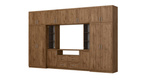 Moderni sieninė spintelė su erdviomis spintomis ir televizoriaus spintele, 380 × 240 cm, Dab Lefkas – NESTO