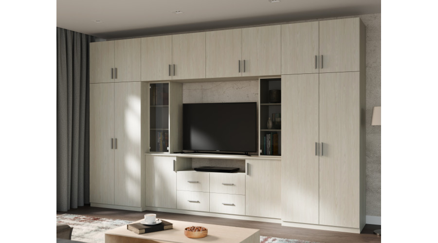 Moderni sieninė spintelė su erdviomis spintomis ir televizoriaus spintele, 380 × 240 cm, Dąb Windmill Pale – NESTO - Paveikslėlis 2