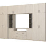 Moderni sieninė spintelė su erdviomis spintomis ir televizoriaus spintele, 380 × 240 cm, Dąb Windmill Pale – NESTO