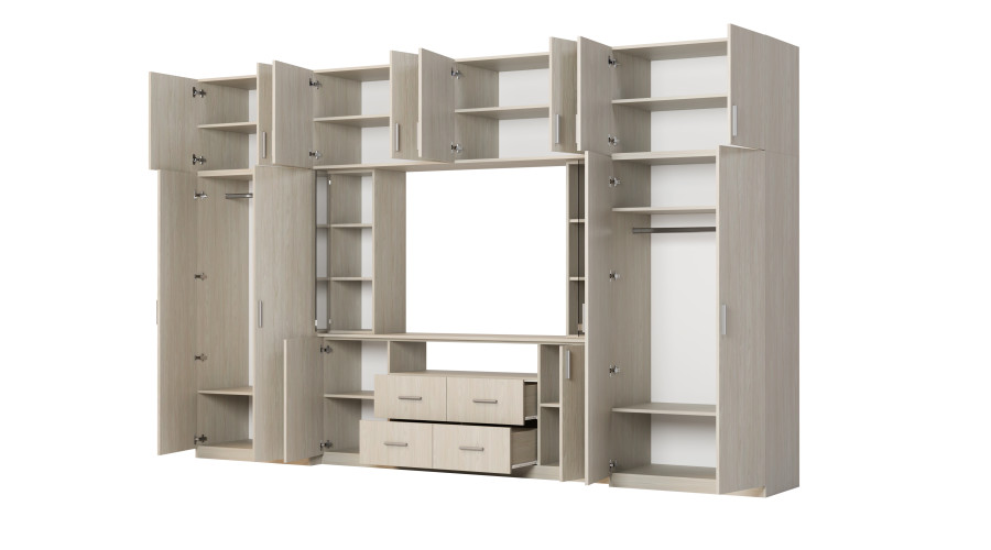 Moderni sieninė spintelė su erdviomis spintomis ir televizoriaus spintele, 380 × 240 cm, Dąb Windmill Pale – NESTO - Paveikslėlis 3