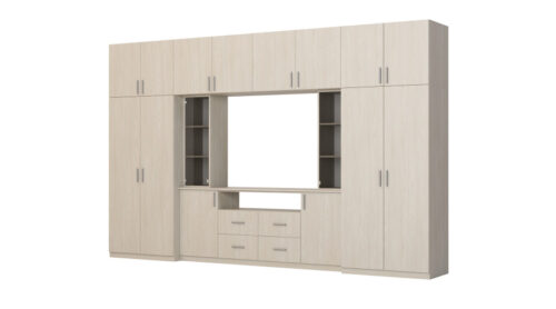Moderni sieninė spintelė su erdviomis spintomis ir televizoriaus spintele, 380 × 240 cm, Dąb Windmill Pale – NESTO
