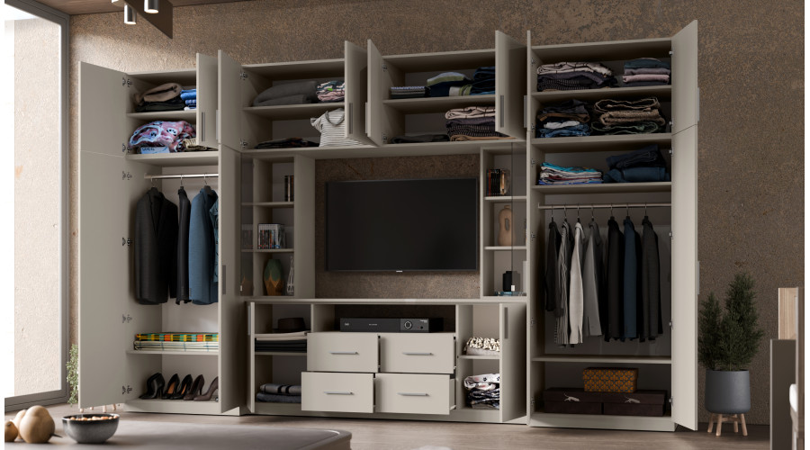 Moderni sieninė spintelė su erdviomis spintomis ir televizoriaus spintele, 380 × 240 cm, Dąb Windmill Pale – NESTO - Paveikslėlis 7