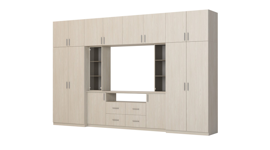 Moderni sieninė spintelė su erdviomis spintomis ir televizoriaus spintele, 380 × 240 cm, Dąb Windmill Pale – NESTO