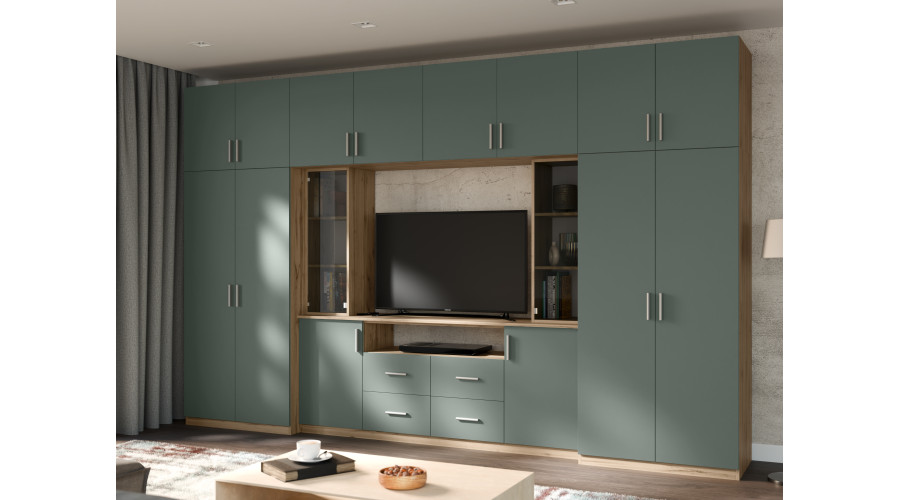 Moderni sieninė spintelė su erdviomis spintomis ir televizoriaus spintele, 380 × 240 cm, Dąb Wotan / Zieleń Butelkowa – NESTO — изображение 2