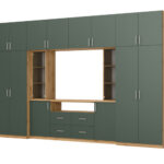 Moderni sieninė spintelė su erdviomis spintomis ir televizoriaus spintele, 380 × 240 cm, Dąb Wotan / Zieleń Butelkowa – NESTO