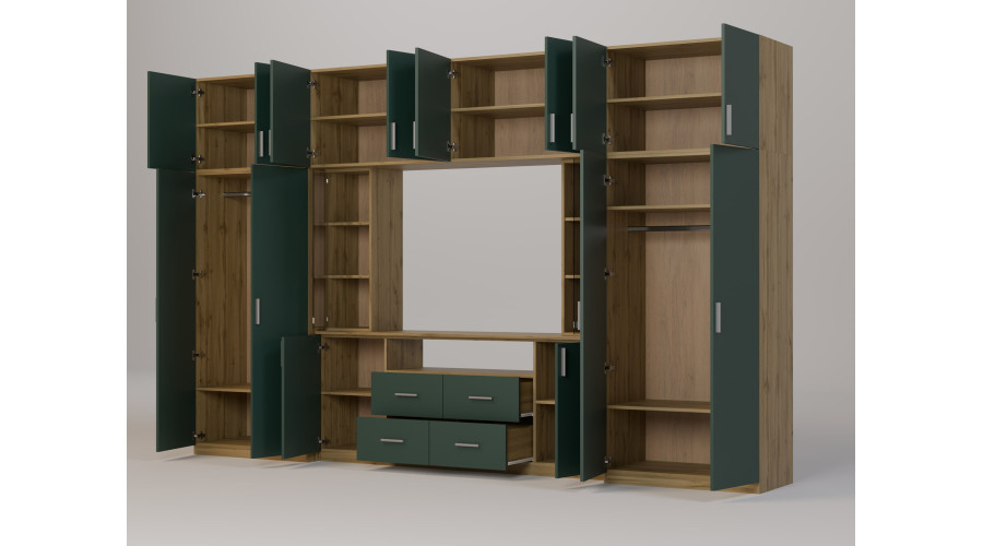 Moderni sieninė spintelė su erdviomis spintomis ir televizoriaus spintele, 380 × 240 cm, Dąb Wotan / Zieleń Butelkowa – NESTO — изображение 3