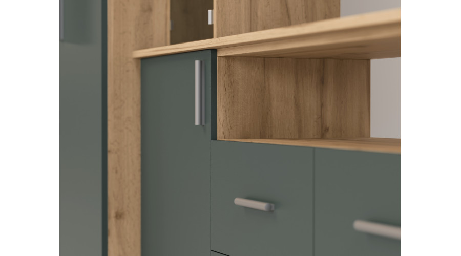 Moderni sieninė spintelė su erdviomis spintomis ir televizoriaus spintele, 380 × 240 cm, Dąb Wotan / Zieleń Butelkowa – NESTO — изображение 5