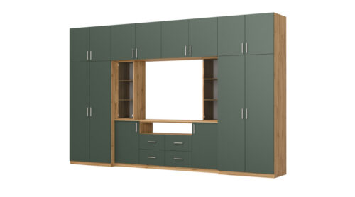 Moderni sieninė spintelė su erdviomis spintomis ir televizoriaus spintele, 380 × 240 cm, Dąb Wotan / Zieleń Butelkowa – NESTO