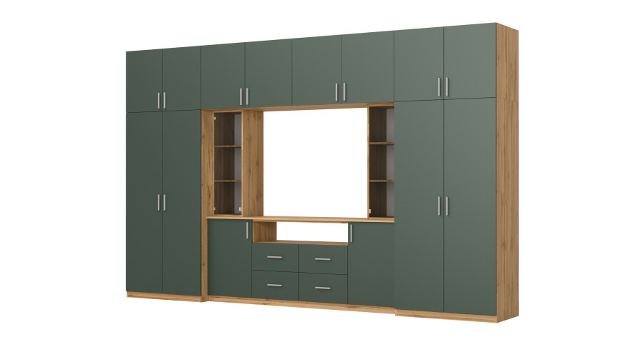 Moderni sieninė spintelė su erdviomis spintomis ir televizoriaus spintele, 380 × 240 cm, Dąb Wotan / Zieleń Butelkowa – NESTO