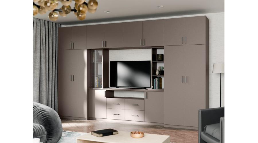 Moderni sieninė spintelė su erdviomis spintomis ir televizoriaus spintele 380 × 240 cm Sepija – NESTO - Paveikslėlis 2