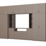 Moderni sieninė spintelė su erdviomis spintomis ir televizoriaus spintele 380 × 240 cm Sepija – NESTO