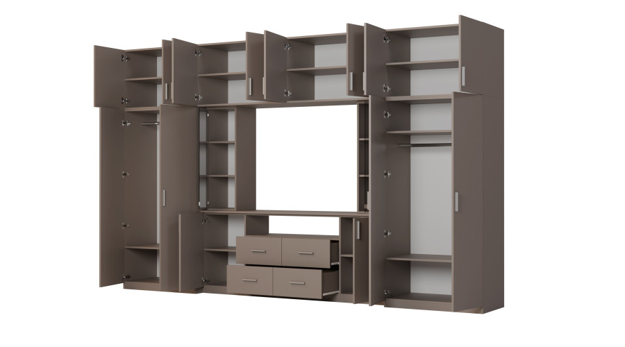 Moderni sieninė spintelė su erdviomis spintomis ir televizoriaus spintele 380 × 240 cm Sepija – NESTO - Paveikslėlis 3