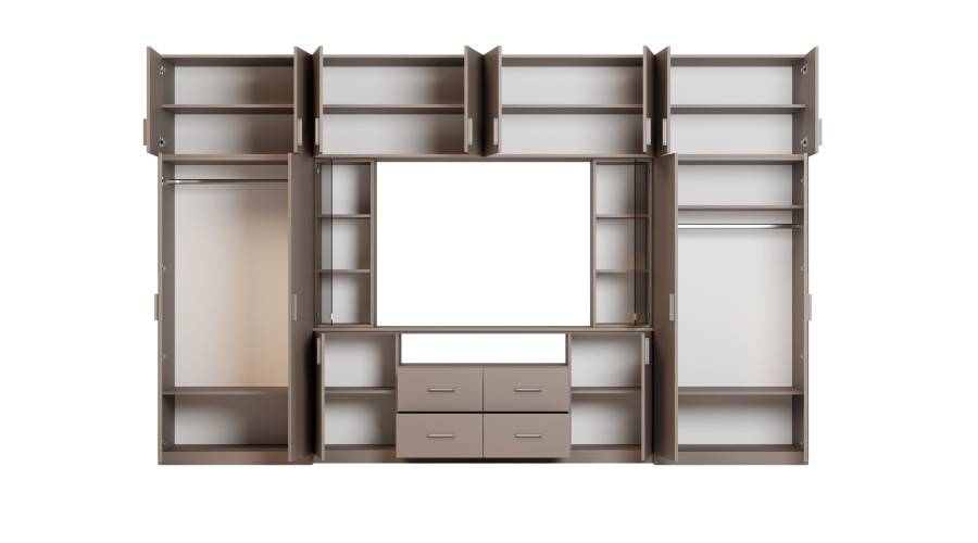 Moderni sieninė spintelė su erdviomis spintomis ir televizoriaus spintele 380 × 240 cm Sepija – NESTO - Paveikslėlis 4