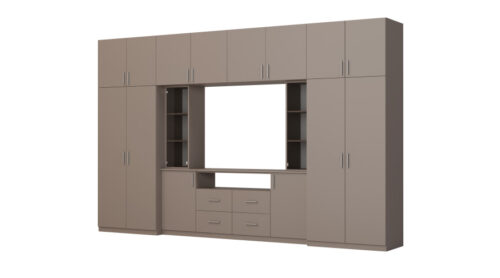 Moderni sieninė spintelė su erdviomis spintomis ir televizoriaus spintele 380 × 240 cm Sepija – NESTO