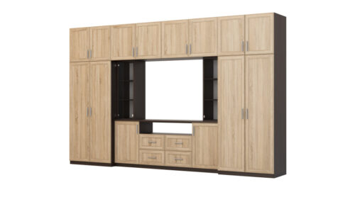 Moderni sieninė spintelė su erdviomis spintomis ir televizoriaus spintele 380 × 240 cm Sonoma Ciemna / Sonoma Jasna – NESTO