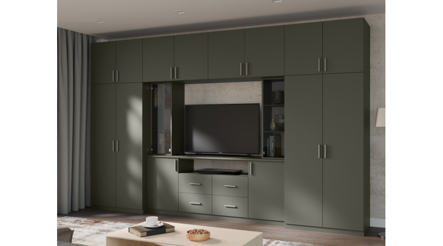 Moderni sieninė spintelė su erdviomis spintomis ir televizoriaus spintele, 380 × 240 cm, Szary Grafit – NESTO — изображение 2