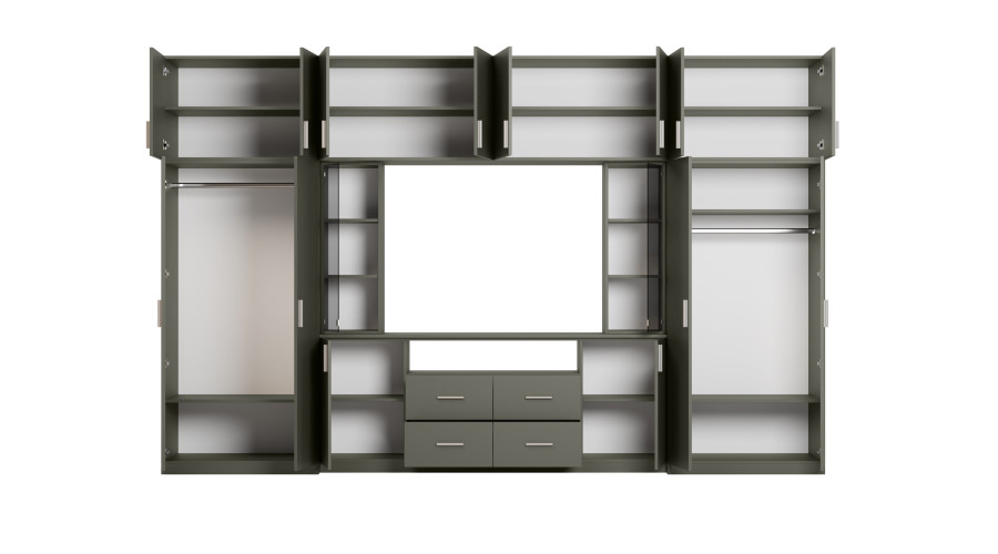 Moderni sieninė spintelė su erdviomis spintomis ir televizoriaus spintele, 380 × 240 cm, Szary Grafit – NESTO — изображение 3