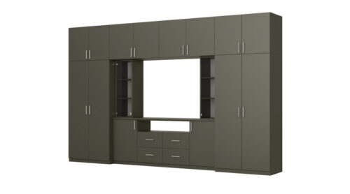 Moderni sieninė spintelė su erdviomis spintomis ir televizoriaus spintele, 380 × 240 cm, Szary Grafit – NESTO