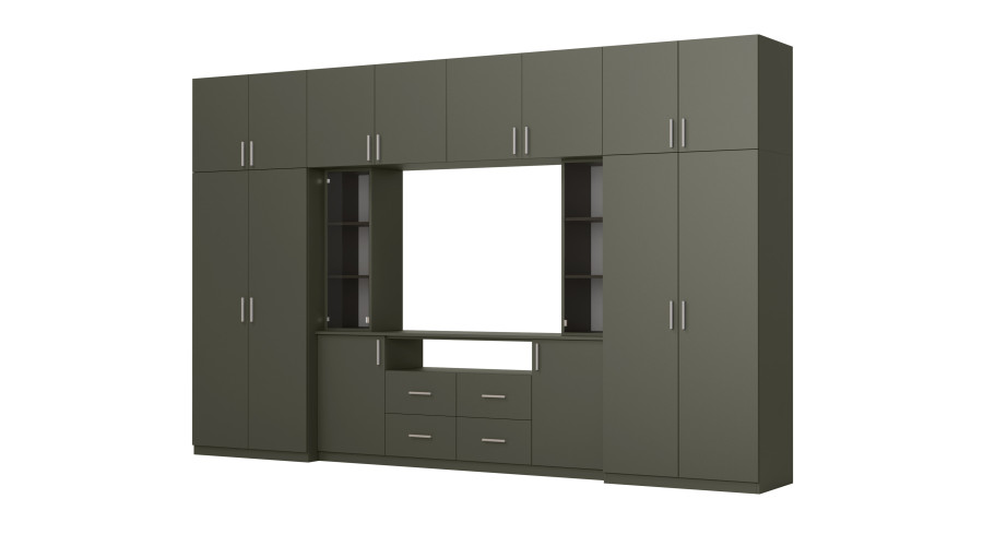 Moderni sieninė spintelė su erdviomis spintomis ir televizoriaus spintele, 380 × 240 cm, Szary Grafit – NESTO