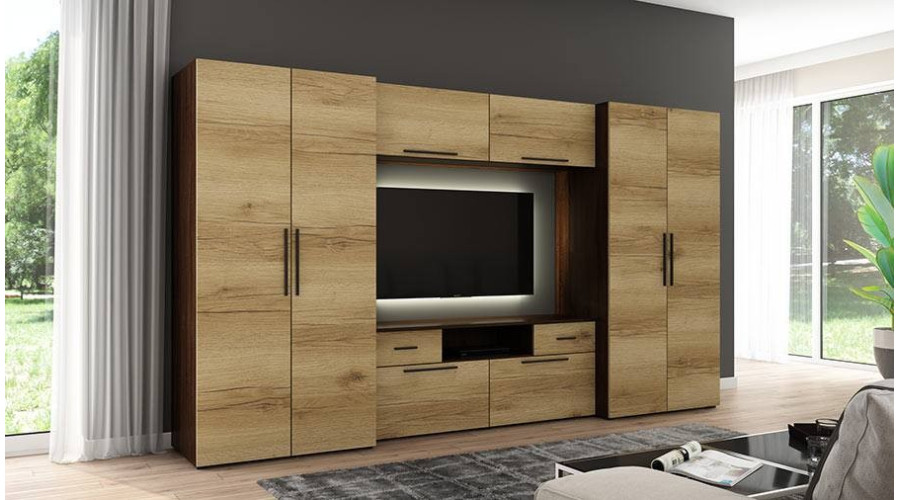 Moderni sieninė spintelė su erdviomis spintomis, televizoriumi ir praplatinimais 330 × 189 cm Sonoma Dark / Grand Oak – ZEUS — изображение 2