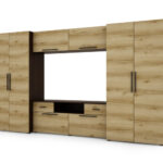 Moderni sieninė spintelė su erdviomis spintomis, televizoriumi ir praplatinimais 330 × 189 cm Sonoma Dark / Grand Oak – ZEUS