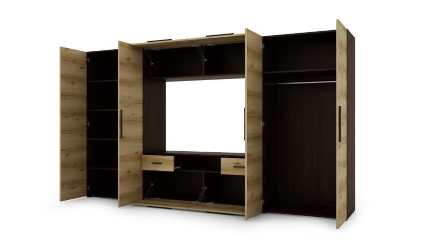 Moderni sieninė spintelė su erdviomis spintomis, televizoriumi ir praplatinimais 330 × 189 cm Sonoma Dark / Grand Oak – ZEUS — изображение 3