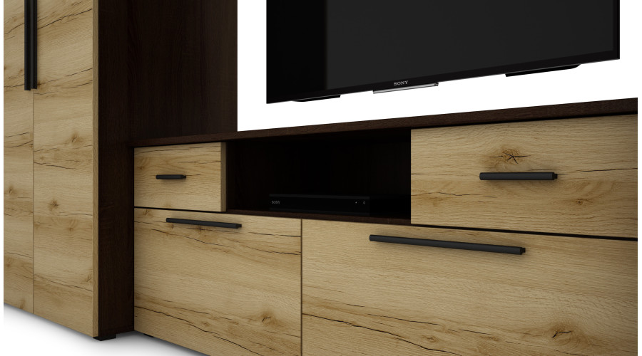 Moderni sieninė spintelė su erdviomis spintomis, televizoriumi ir praplatinimais 330 × 189 cm Sonoma Dark / Grand Oak – ZEUS — изображение 5