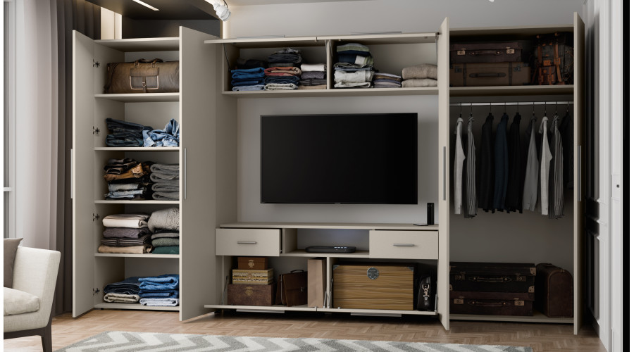 Moderni sieninė spintelė su erdviomis spintomis, televizoriumi ir praplatinimais 330 × 189 cm Sonoma Dark / Grand Oak – ZEUS — изображение 6