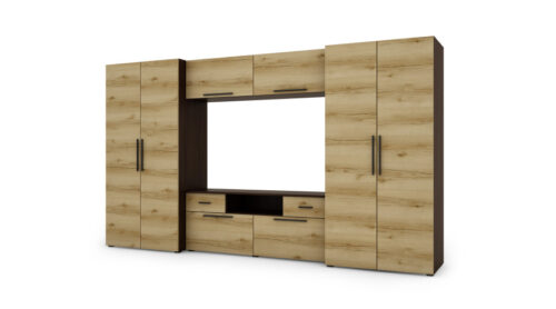 Moderni sieninė spintelė su erdviomis spintomis, televizoriumi ir praplatinimais 330 × 189 cm Sonoma Dark / Grand Oak – ZEUS