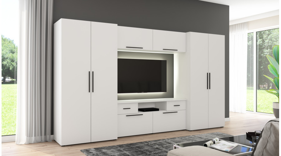 Moderni sieninė spintelė su erdviomis spintomis, televizoriumi, praplatinimais ir spintelėmis 330 × 189 cm, Arctic White – ZEUS — изображение 2