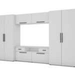 Moderni sieninė spintelė su erdviomis spintomis, televizoriumi, praplatinimais ir spintelėmis 330 × 189 cm, Arctic White – ZEUS