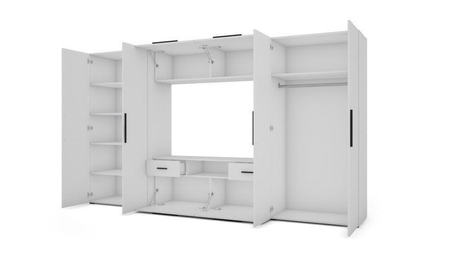 Moderni sieninė spintelė su erdviomis spintomis, televizoriumi, praplatinimais ir spintelėmis 330 × 189 cm, Arctic White – ZEUS — изображение 3