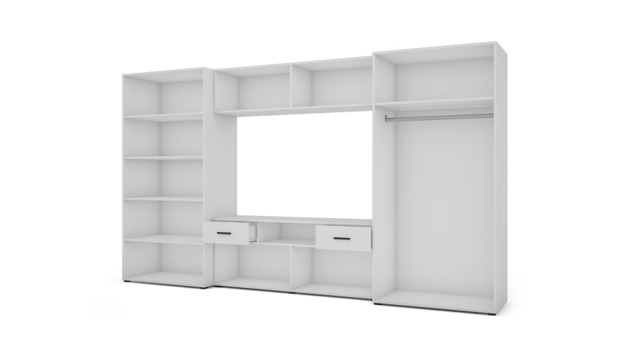 Moderni sieninė spintelė su erdviomis spintomis, televizoriumi, praplatinimais ir spintelėmis 330 × 189 cm, Arctic White – ZEUS — изображение 4