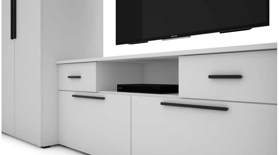 Moderni sieninė spintelė su erdviomis spintomis, televizoriumi, praplatinimais ir spintelėmis 330 × 189 cm, Arctic White – ZEUS — изображение 5