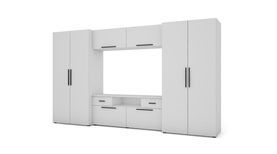 Moderni sieninė spintelė su erdviomis spintomis, televizoriumi, praplatinimais ir spintelėmis 330 × 189 cm, Arctic White – ZEUS