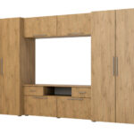 Moderni sieninė spintelė su erdviomis spintomis, televizoriumi, praplatinimais ir spintelėmis 330 × 189 cm Lancelot Oak – ZEUS