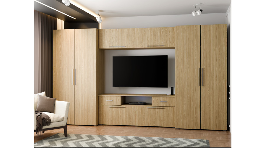 Moderni sieninė spintelė su erdviomis spintomis, televizoriumi, praplatinimais ir spintelėmis 330 × 189 cm, alyvuotas ąžuolas – ZEUS — изображение 2