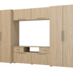 Moderni sieninė spintelė su erdviomis spintomis, televizoriumi, praplatinimais ir spintelėmis 330 × 189 cm, alyvuotas ąžuolas – ZEUS