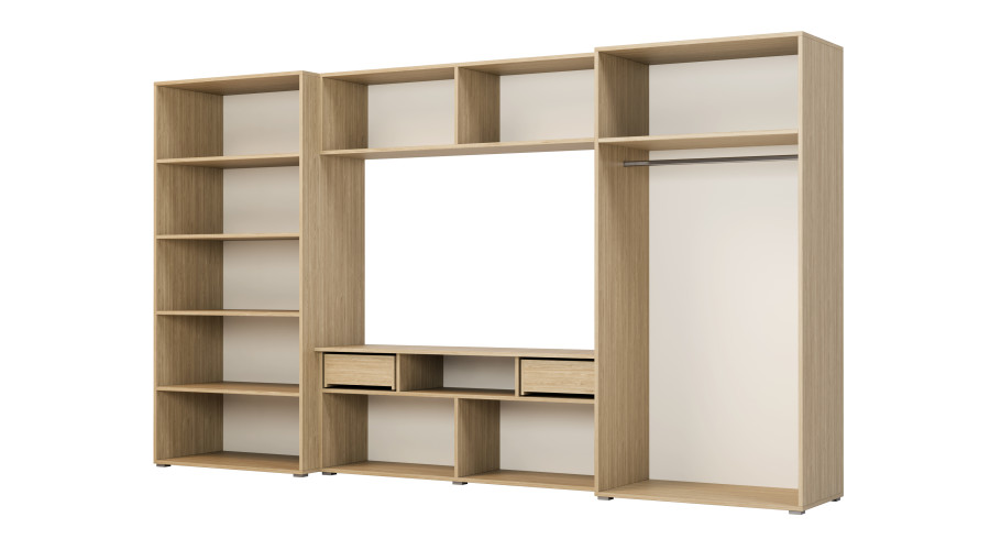 Moderni sieninė spintelė su erdviomis spintomis, televizoriumi, praplatinimais ir spintelėmis 330 × 189 cm, alyvuotas ąžuolas – ZEUS — изображение 3