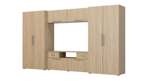 Moderni sieninė spintelė su erdviomis spintomis, televizoriumi, praplatinimais ir spintelėmis 330 × 189 cm, alyvuotas ąžuolas – ZEUS