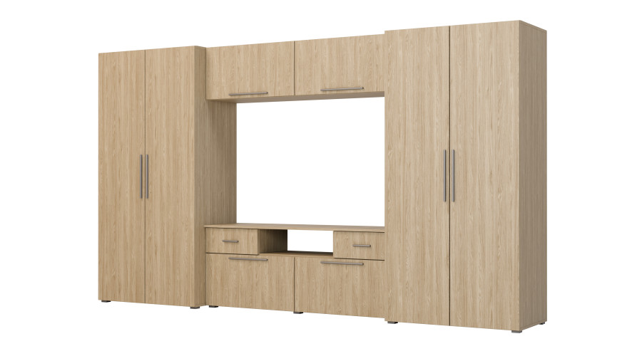 Moderni sieninė spintelė su erdviomis spintomis, televizoriumi, praplatinimais ir spintelėmis 330 × 189 cm, alyvuotas ąžuolas – ZEUS