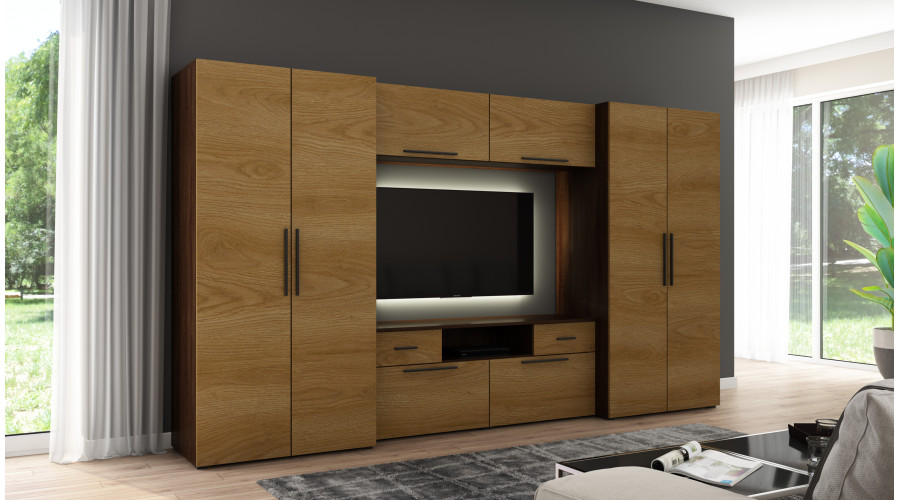 Moderni sieninė spintelė su erdviomis spintomis, televizoriumi, praplatinimais ir spintelėmis 330 × 189 cm Tamsus Sonoma / Karamelės ąžuolas – ZEUS - Paveikslėlis 2