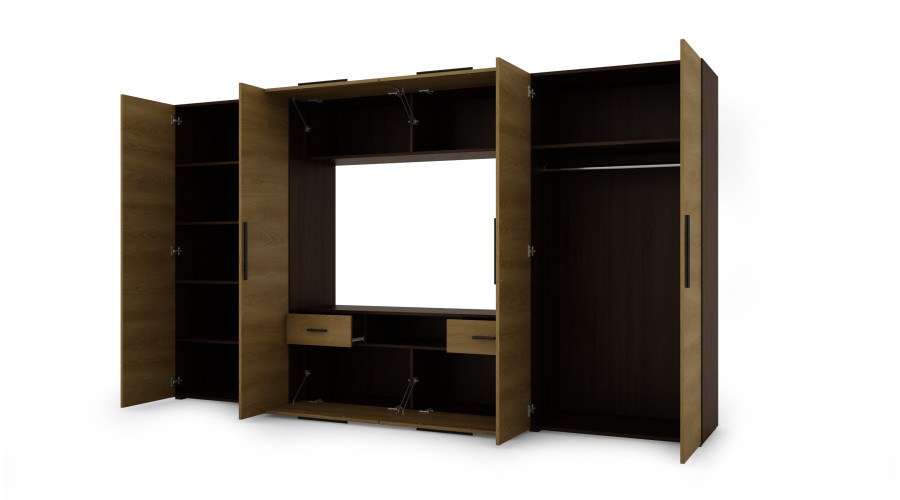 Moderni sieninė spintelė su erdviomis spintomis, televizoriumi, praplatinimais ir spintelėmis 330 × 189 cm Tamsus Sonoma / Karamelės ąžuolas – ZEUS - Paveikslėlis 3