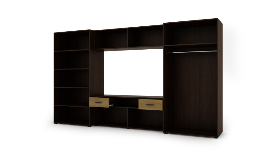 Moderni sieninė spintelė su erdviomis spintomis, televizoriumi, praplatinimais ir spintelėmis 330 × 189 cm Tamsus Sonoma / Karamelės ąžuolas – ZEUS - Paveikslėlis 4