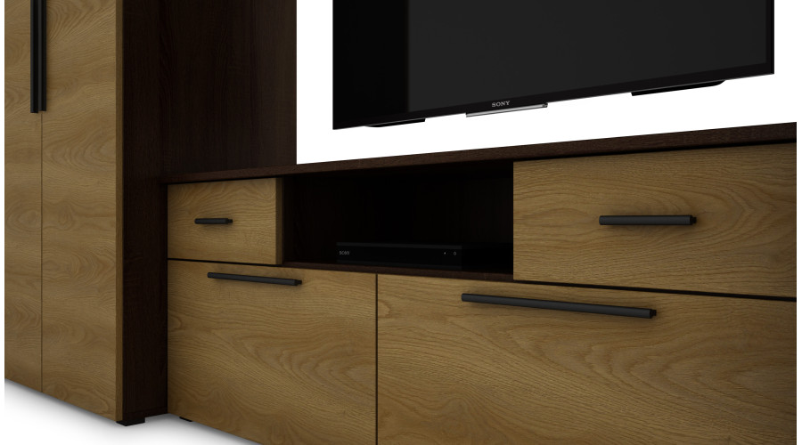 Moderni sieninė spintelė su erdviomis spintomis, televizoriumi, praplatinimais ir spintelėmis 330 × 189 cm Tamsus Sonoma / Karamelės ąžuolas – ZEUS - Paveikslėlis 5