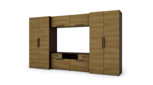 Moderni sieninė spintelė su erdviomis spintomis, televizoriumi, praplatinimais ir spintelėmis 330 × 189 cm Tamsus Sonoma / Karamelės ąžuolas – ZEUS