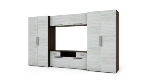 Moderni sieninė spintelė su erdviomis spintomis, televizoriumi, praplatinimais ir spintelėmis 330 × 189 cm, tamsi Sonoma / Anderson pušis – ZEUS