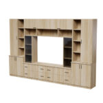 Erdvi sieninė spintelė su atviromis lentynomis, stalčiais ir spintelėmis, 340 × 220 cm, Dąb Amerykański – MODENA