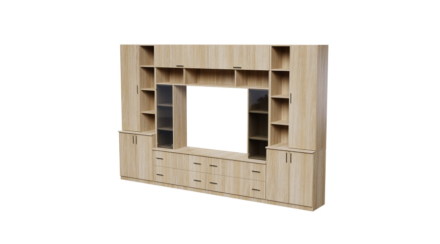 Erdvi sieninė spintelė su atviromis lentynomis, stalčiais ir spintelėmis, 340 × 220 cm, Dąb Amerykański – MODENA
